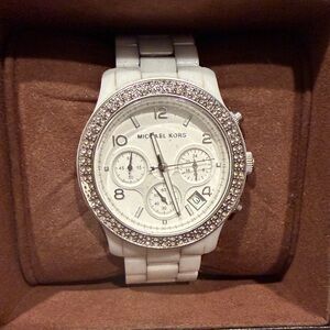 Michael Kors Silver and White Ceramic Band Women's Watch